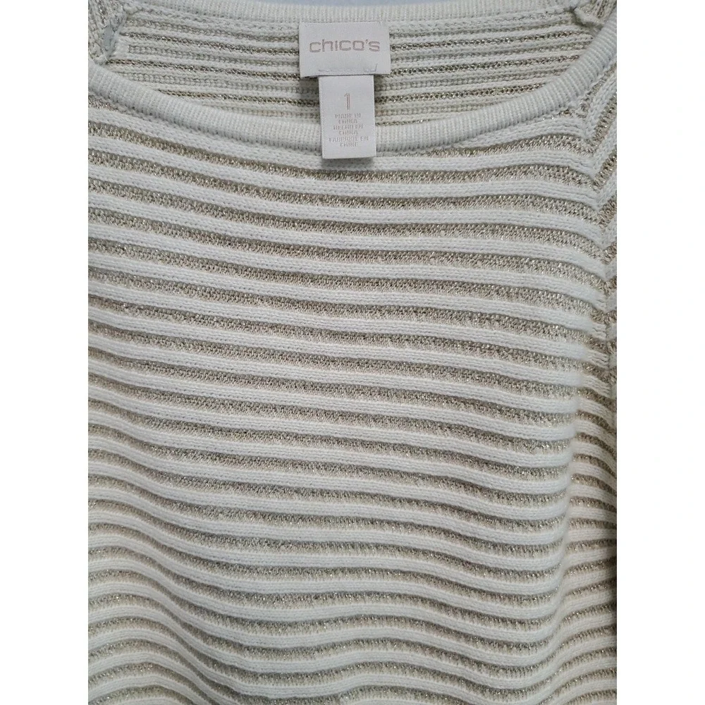 Chicos Women's Size 1 (M-8) Ivory Gold Metallic Bell Sleeve Striped Knit Sweater